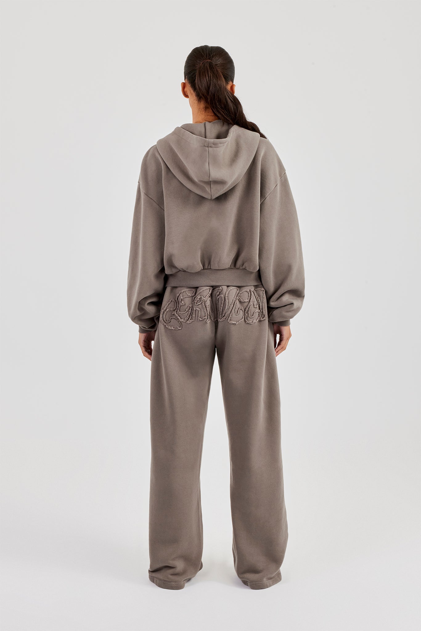Washed Applique Logo Boxy Zip Through Hoodie & Wide Leg Jogger - Grey